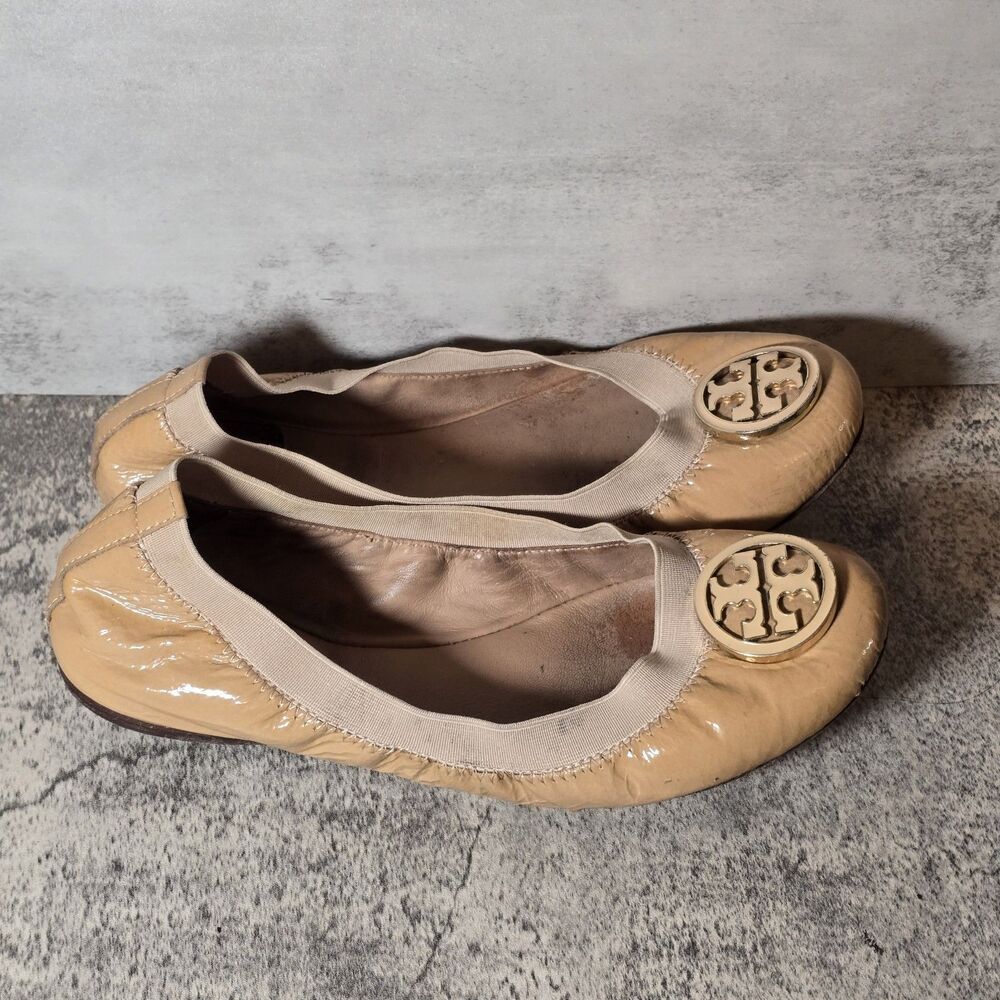 Tory Burch Caroline Patent Leather Ballerina Flats Shoes Nude Beige Size 6.5 - Picture 2 of 5